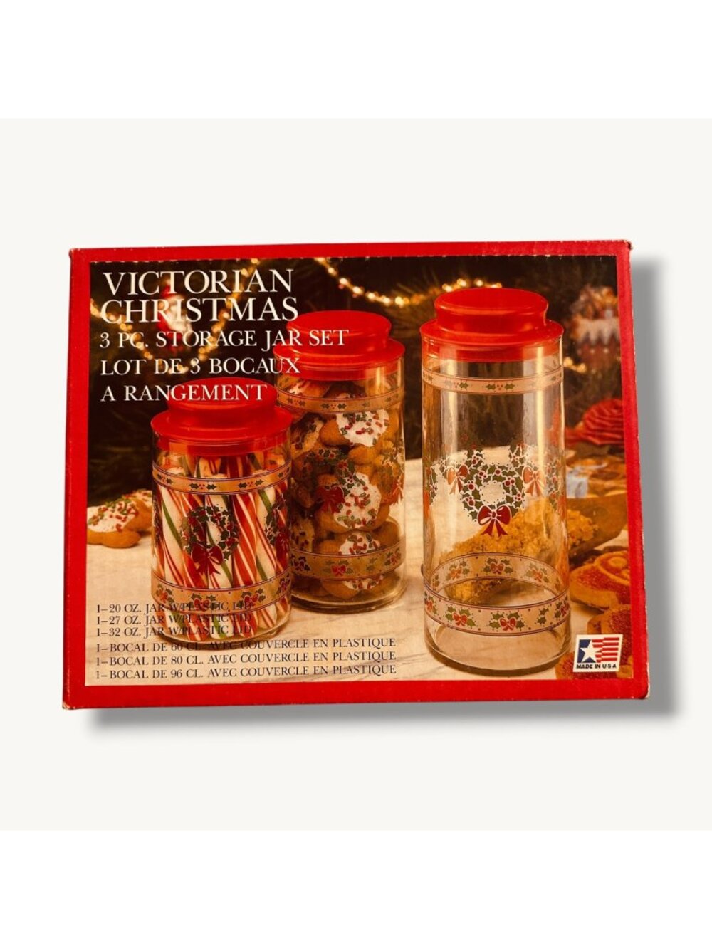 Victorian Christmas 3-Piece Decorative Storage Jar Set With Red Plastic Lids Hol